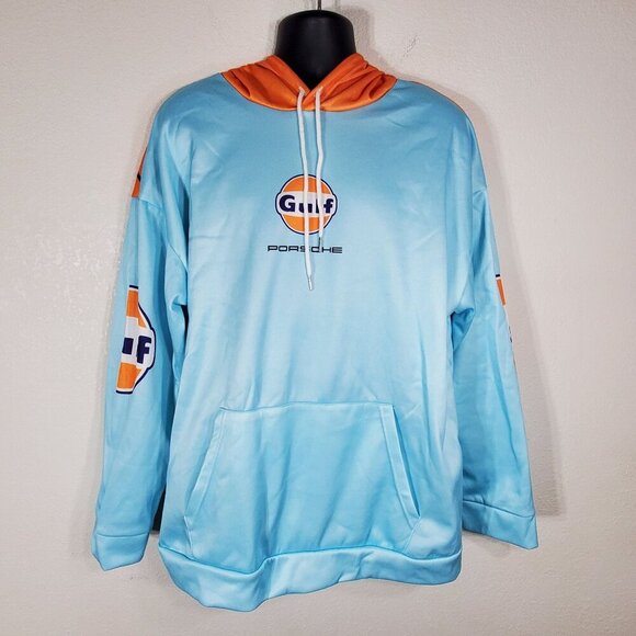 Gulf Porsche 2XL Pull Over Hoodie Sweatshirt Kangaroo Pouch Light Blue & Orange - Picture 11 of 11